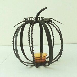 Rustic Black Metal Pumpkin w pumpkin colored candle holder
